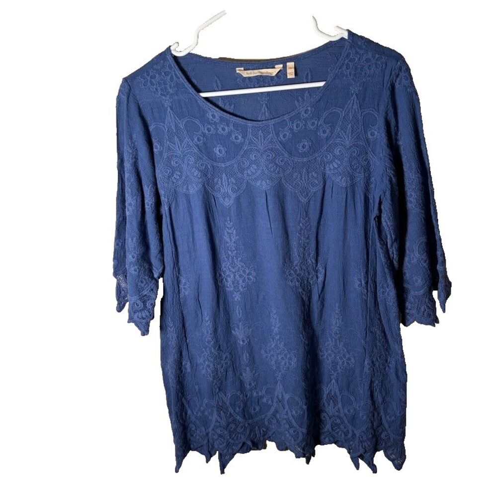 Soft Surroundings Blouse Women's Petite XS Blue Embroidered 3/4 Sleeve Shirt Top